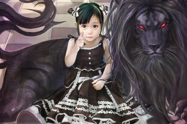 The girl in the anime is sitting leaning against a black big lion