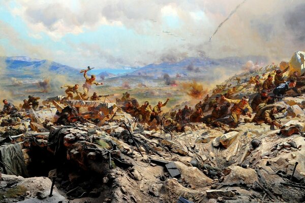 An artistic representation of one of the battles during the Second World War