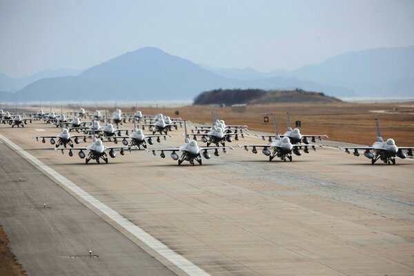 Muchos aviones monoplaza en el aeródromo