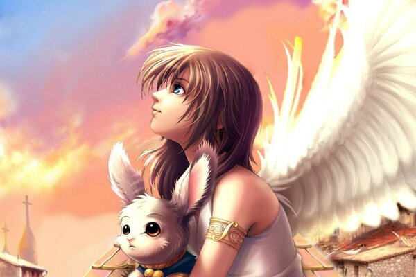 Anime chica con alas con un animal en sus brazos