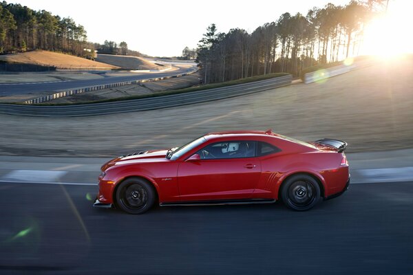 Side view of a beautiful red Chevrolet in motion in the rays of the rising sun