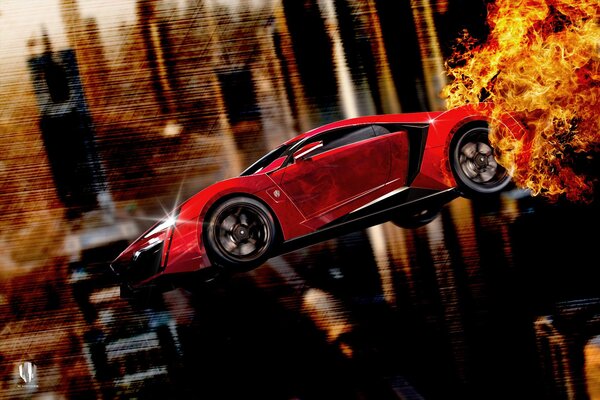 Red racing car flying fire from wheels