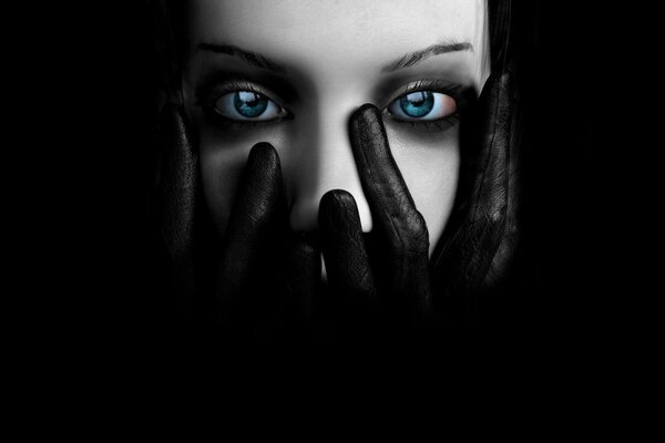 Kunst Blick blaue Augen Handschuhe dunkler Hintergrund