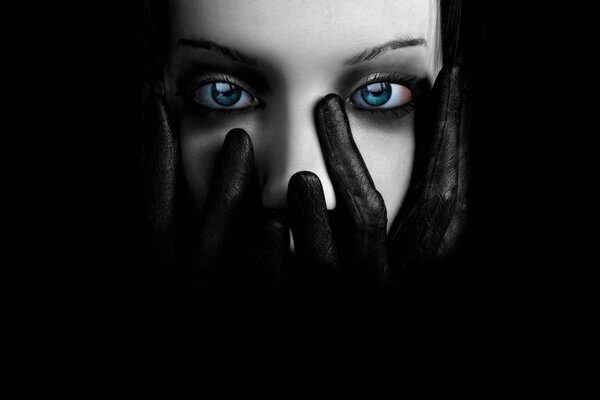 Art look blue eyes gloves dark background