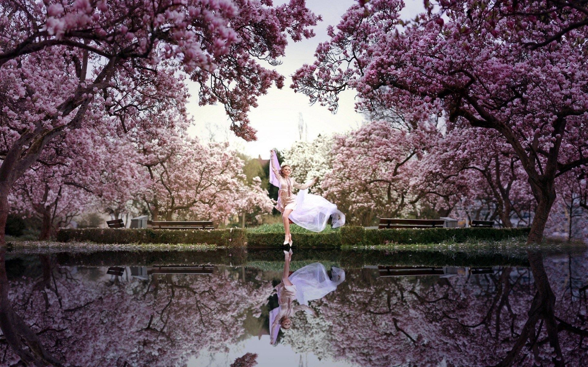 digital art girl lake park flowering trees spring dance harmony