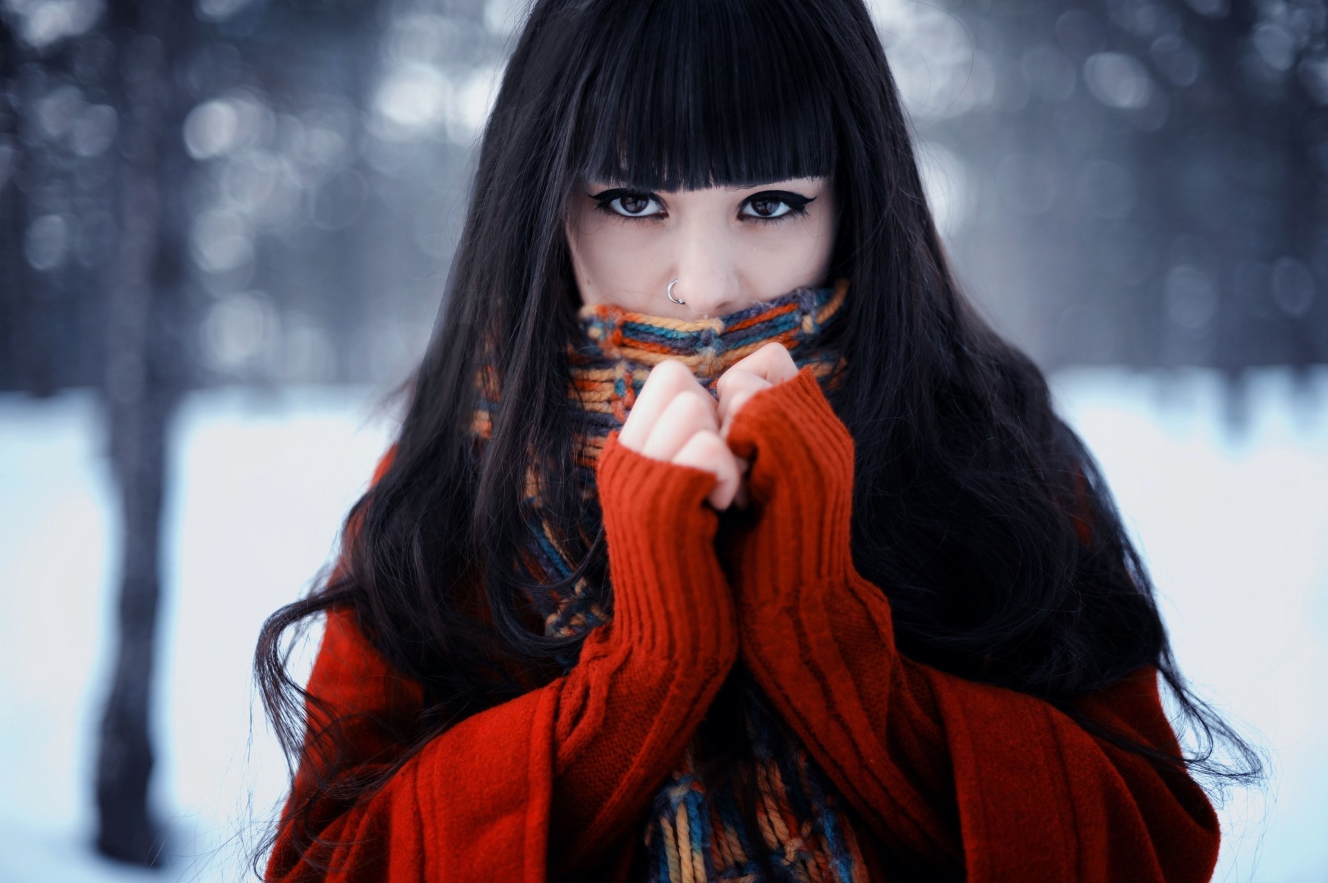 a woman snow girl brunette close up winter