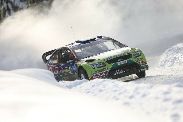 Ford racing car on a snowy track in Sweden