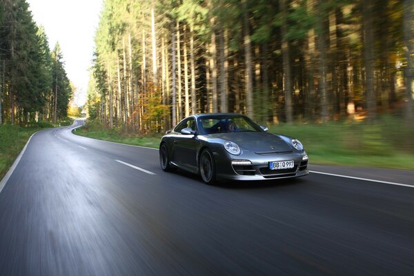 Porsche conduciendo por un camino forestal