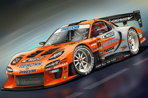 Racing Mazda orange rushes along the track