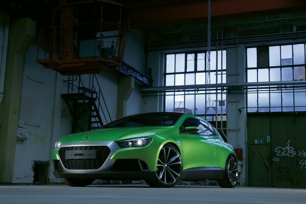 Green Volkswagen standing in the garage