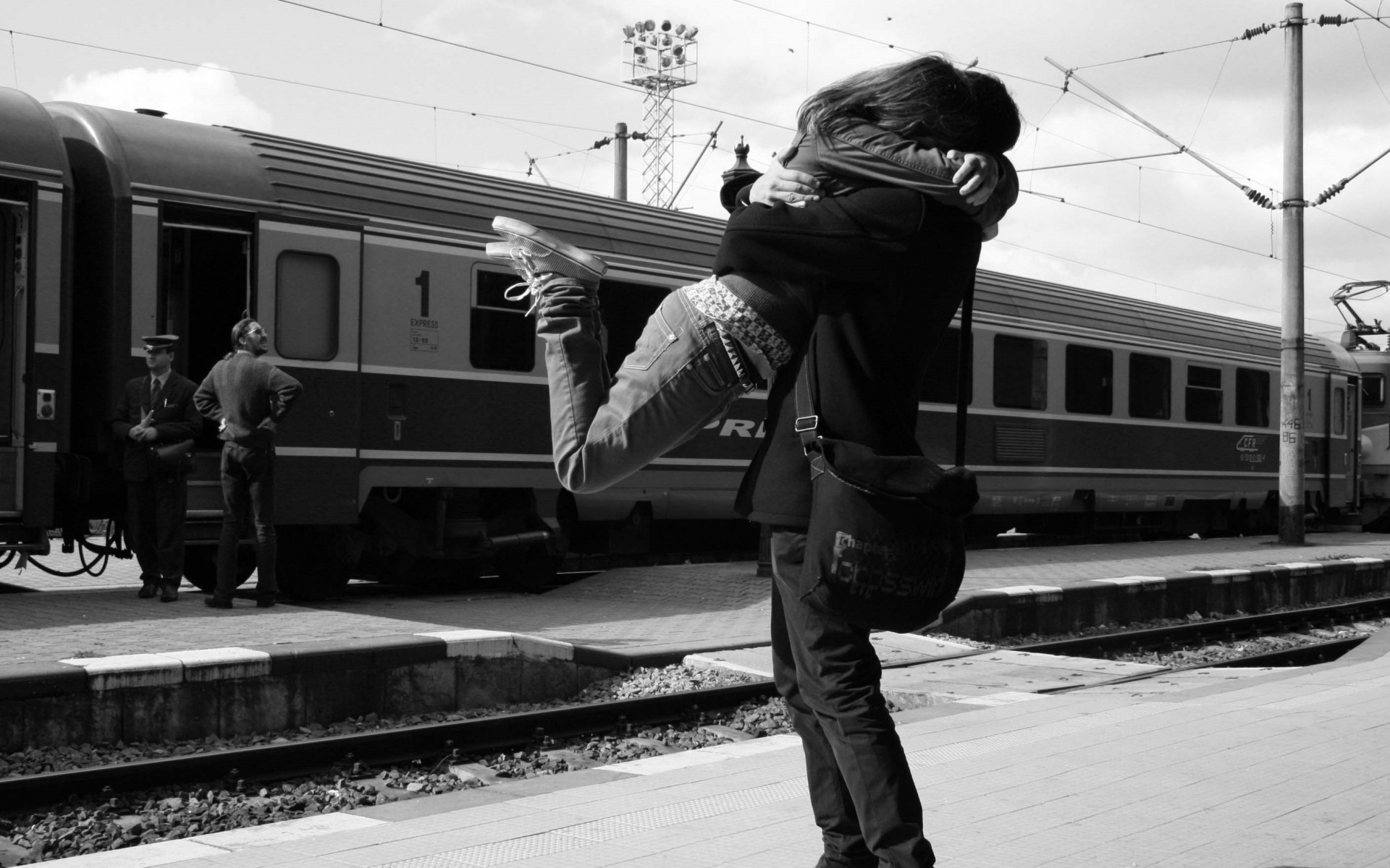 peron meeting girl legs station couple train man locomotive railway