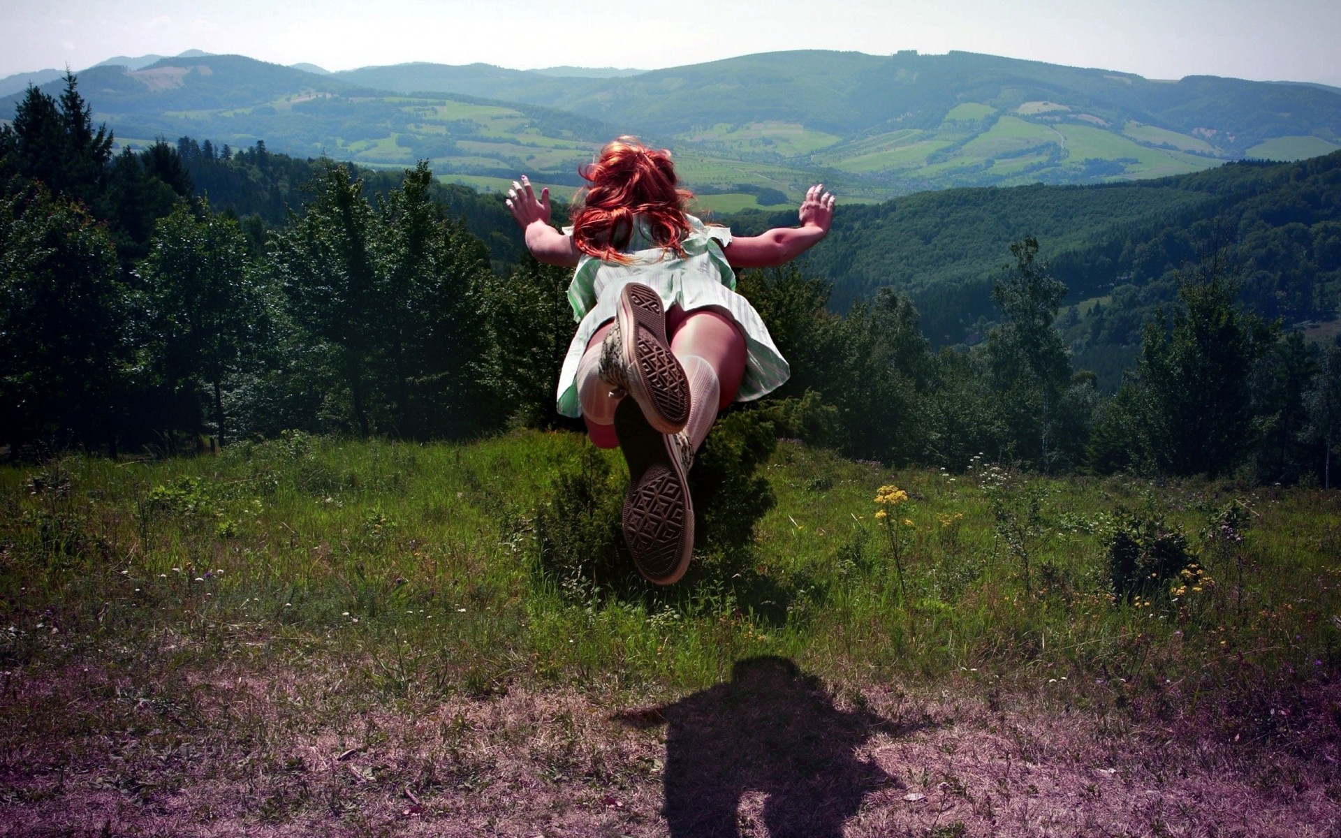 jump girl hills grass forest nature mountain