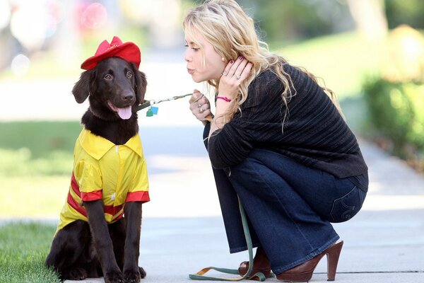 A dog in clothes is sitting on the path and next to her the girl bent down