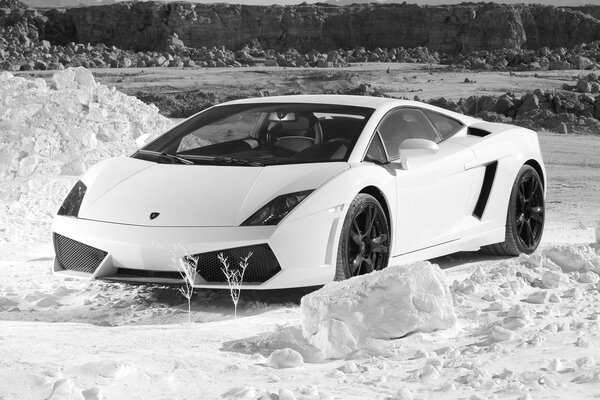 White lamborghini gallardo in the snow