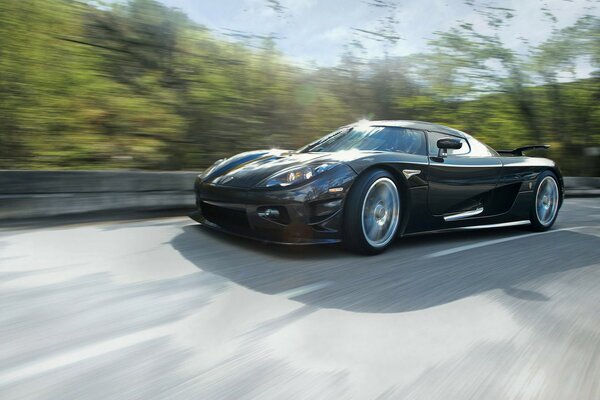 A spectacular car rushes at high speed on the road against the background of nature