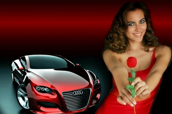 Mädchen mit einer Rose und einem Audi-Auto im Hintergrund