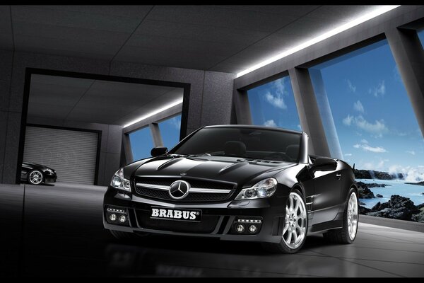 Black Mercedes SL with a beautiful view from the window