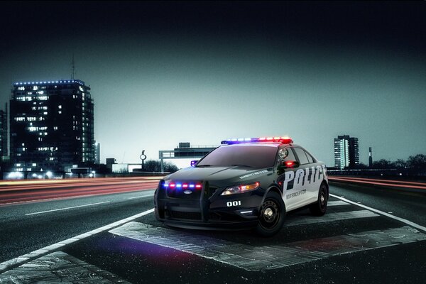 Police car interceptor Ford on the road