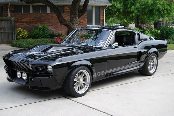 Ford Mustang gt500 negro cerca de un patio privado