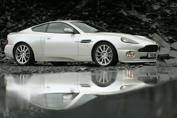 Chrysler in Reflexion auf einem Felsen im Wasser