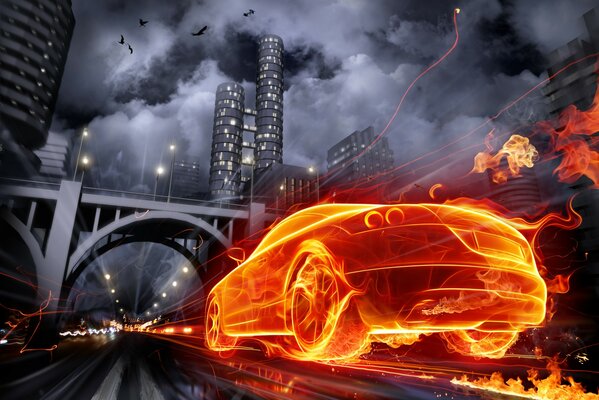 Fiery graphics with cars in the metropolis