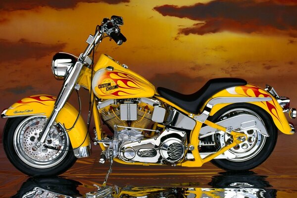 Yellow powerful motorcycle at sunset