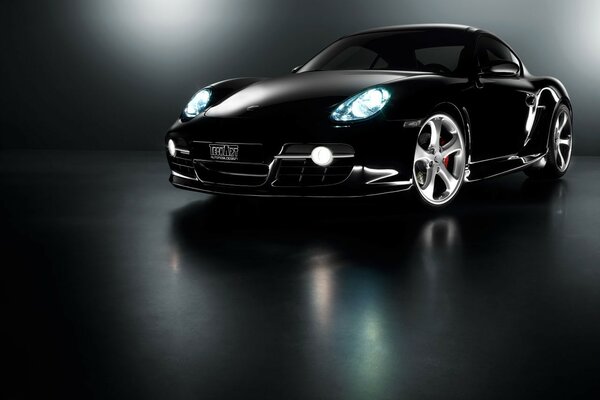 Black porsche car , neon headlights