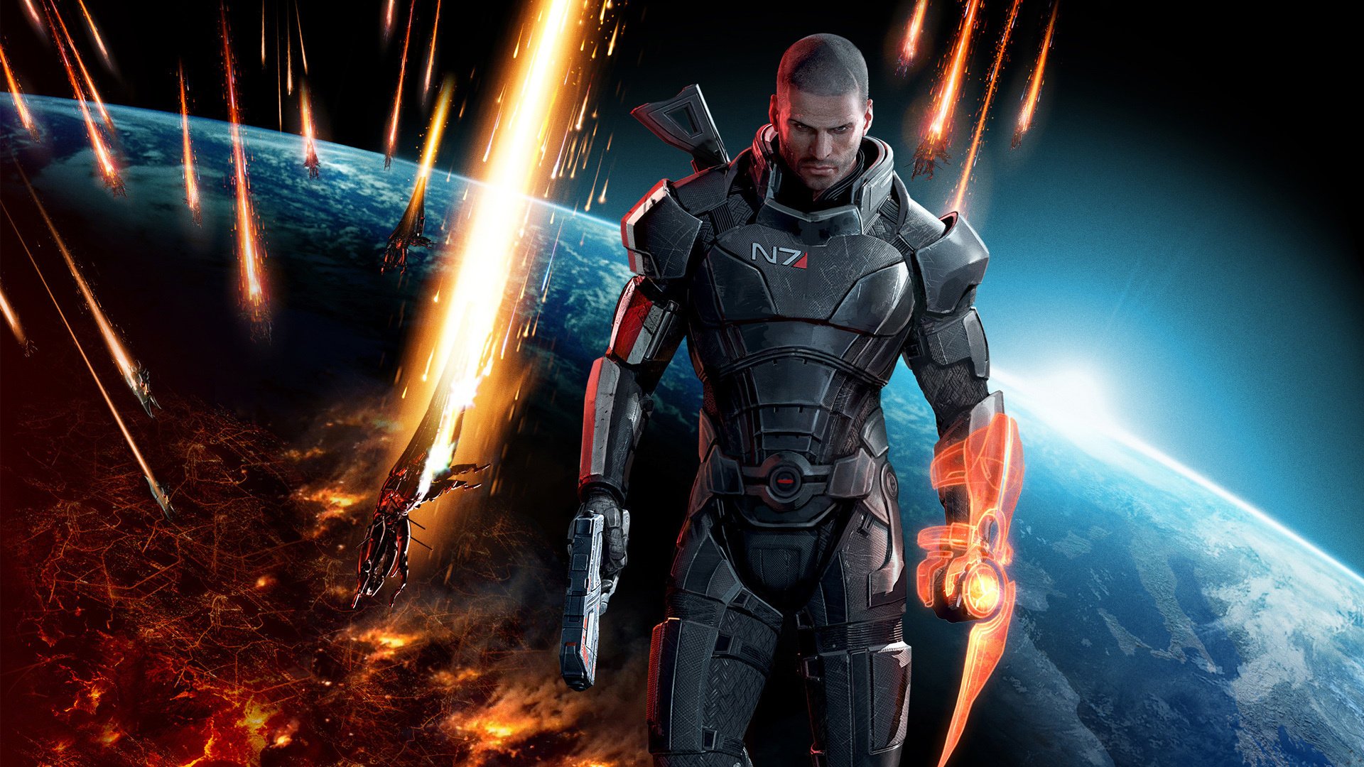 mass effect 3 mass effect shepard n7 planet horizont kerl waffe rüstung pistole feuer zeichnungen anime männer