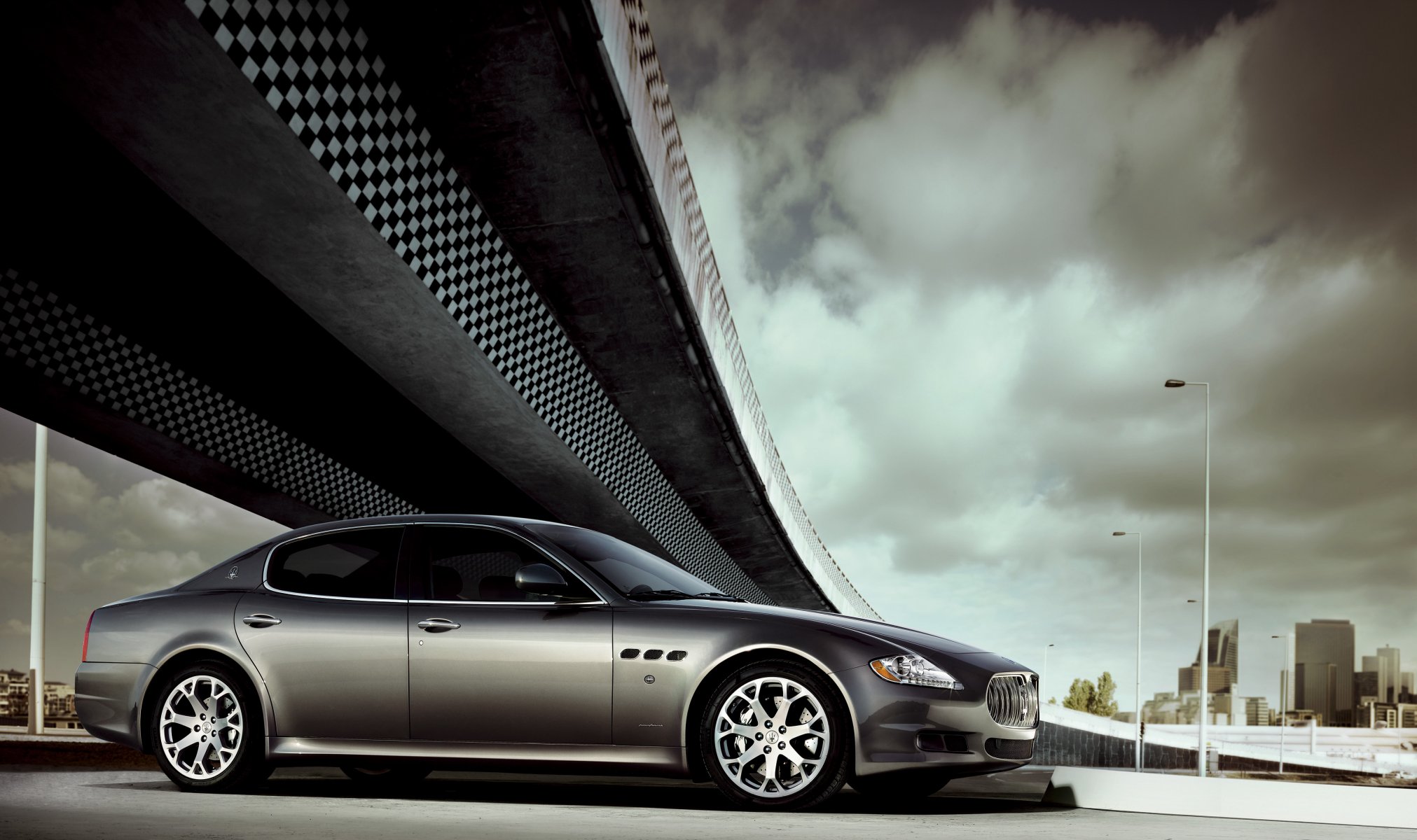 maserati quattroporte silver bridge clouds a side view car sedan grey machine