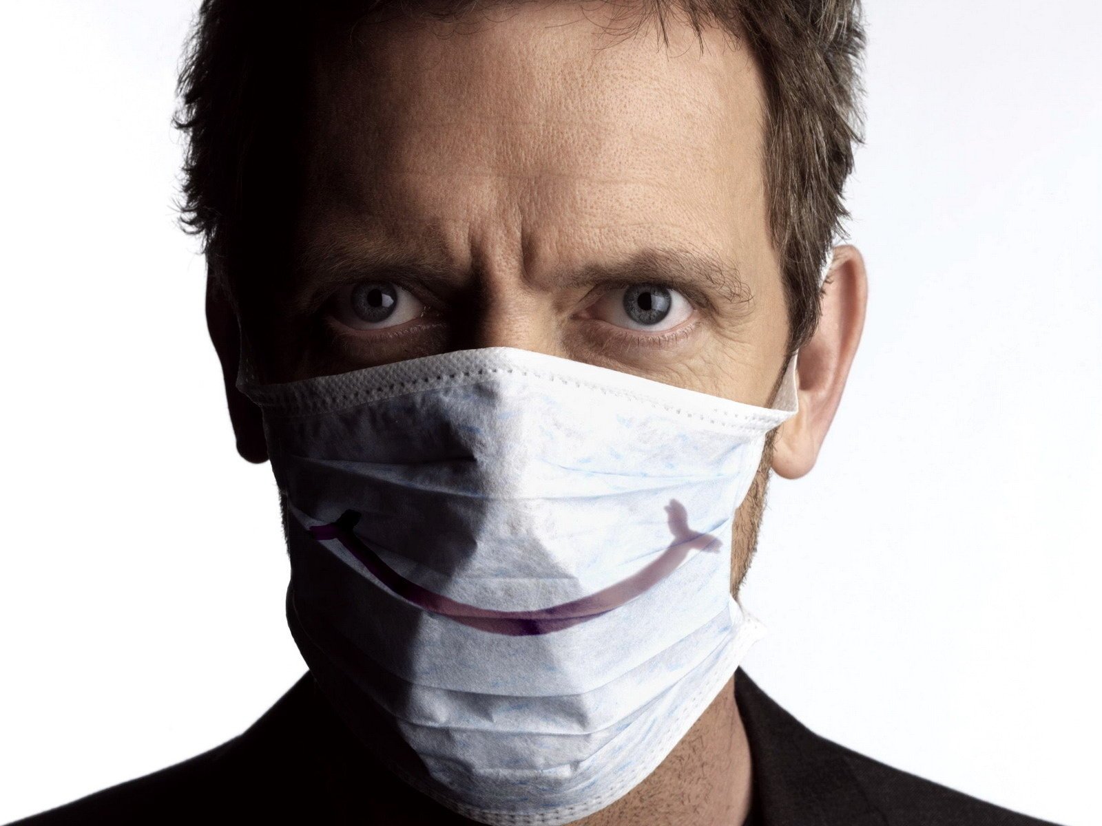 house hugh laurie eyebrows dr. house creative smile smile mask face photo eyes look white background movie hero actor respirator bandage men