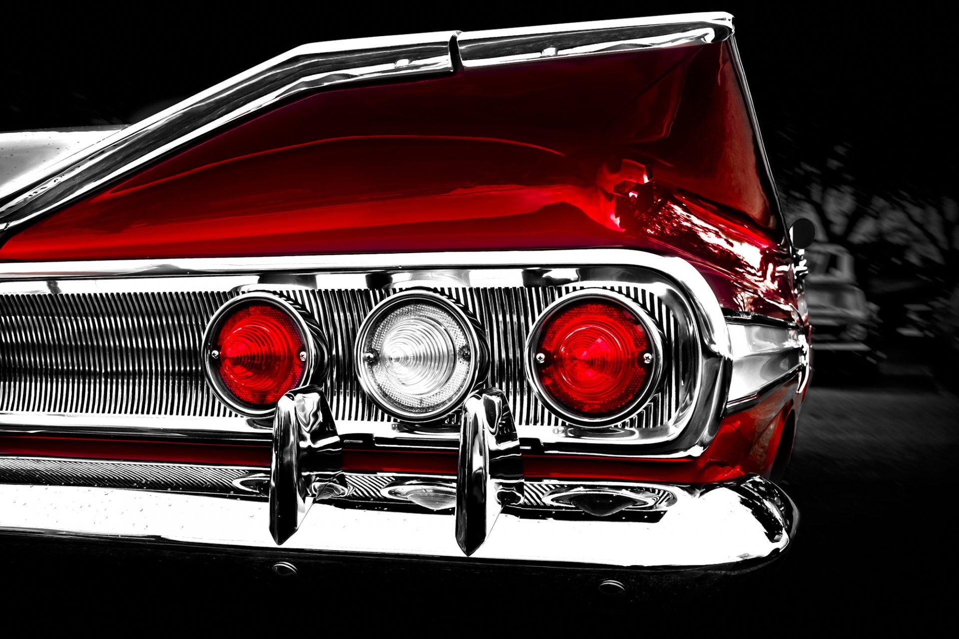 chevrolet chevrolet impala 1960 classic retro headlights taillights chrome details reflection background