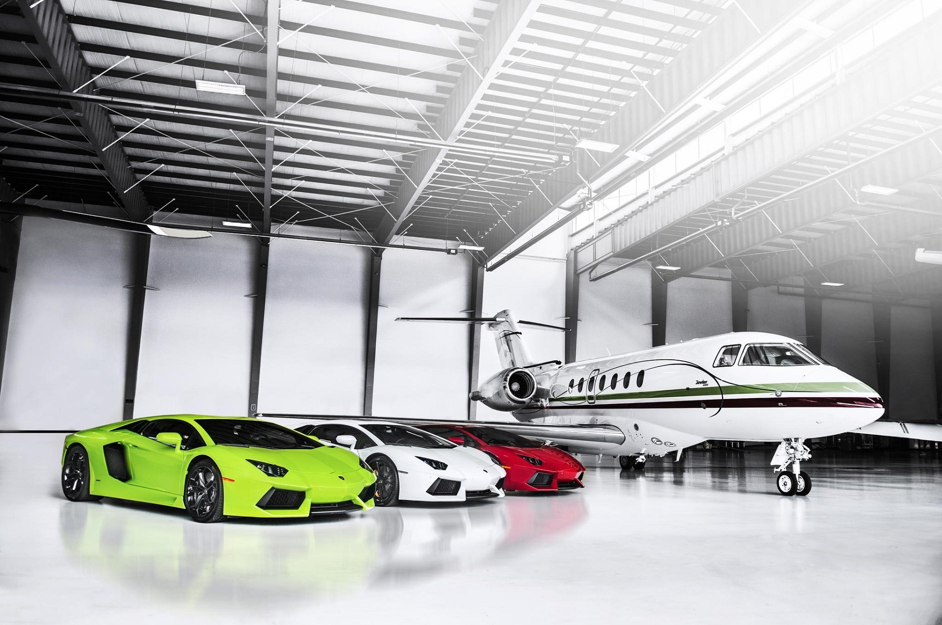 lamborghini aventador lp700-4 green white red supercars plane hangar italian flag