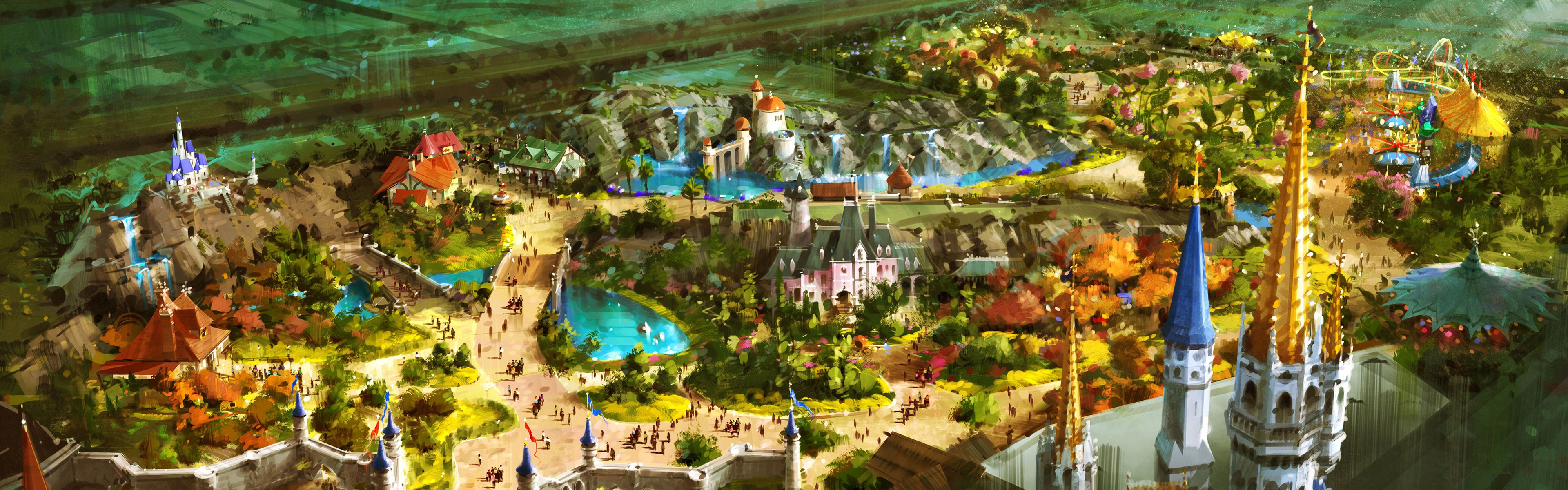 fantasie panorama helle zeichnung kunst schloss stadt karneval fantasy zeichnung menschen landschaft märchen fantasie herbst brücke see häuser wasserfälle zeichnungen anime