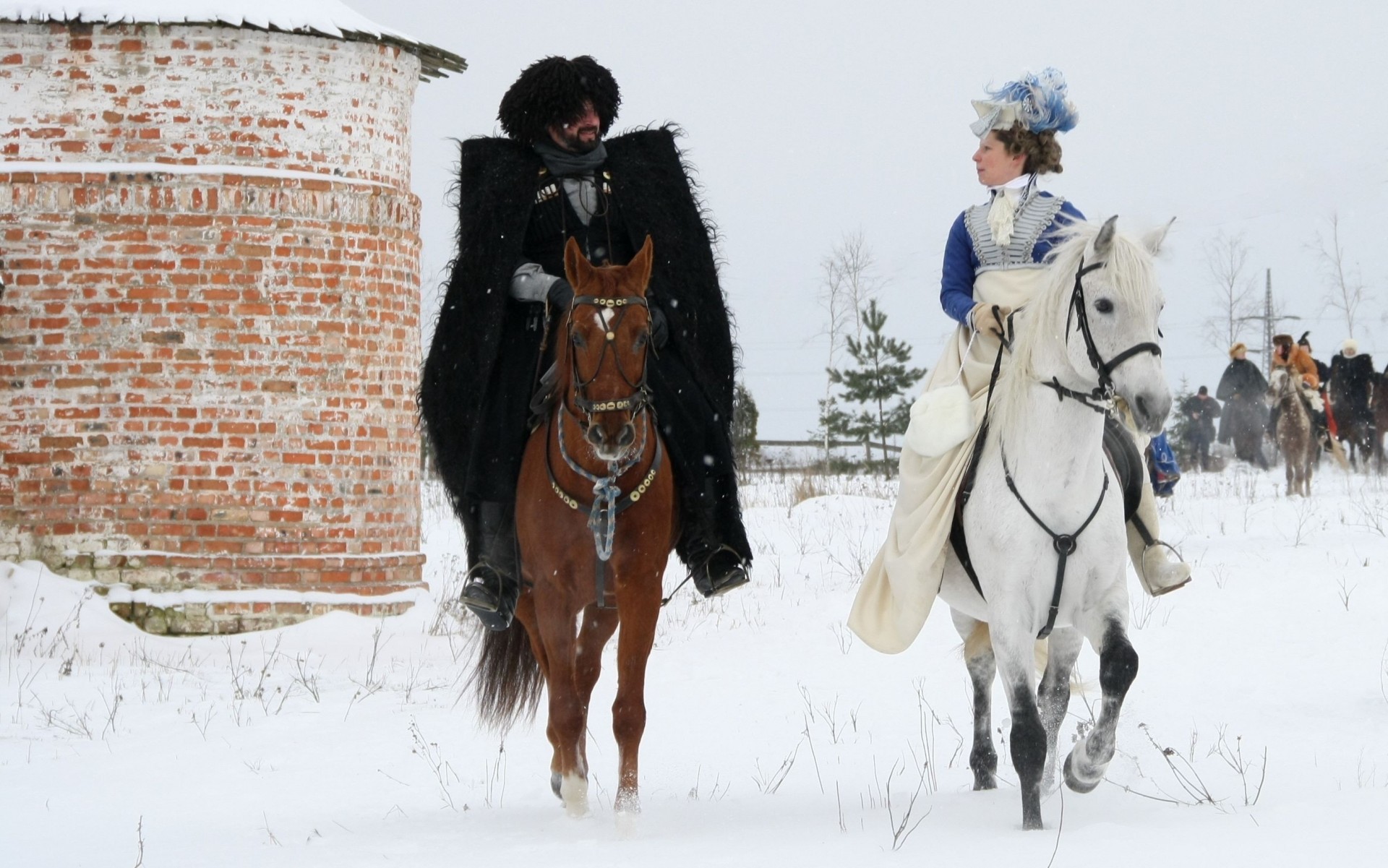 mujer nieve caballo blanco invierno caza reconstrucción