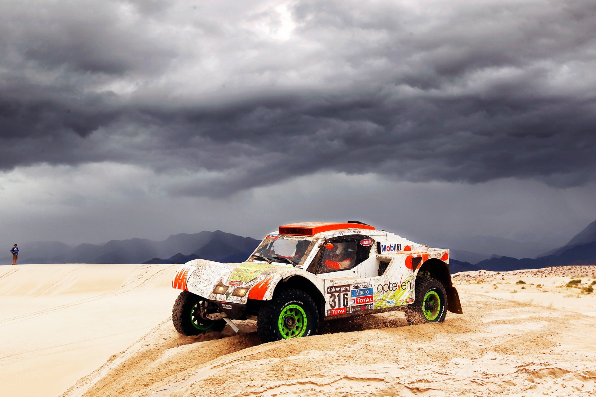 buggy dakar to dakar rally 2014 car machine sports sand white a side view race clouds rain