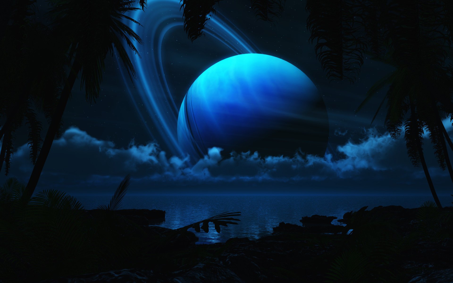 planet rings blue clouds water night sky coast sea horizon darkness space universe outer space