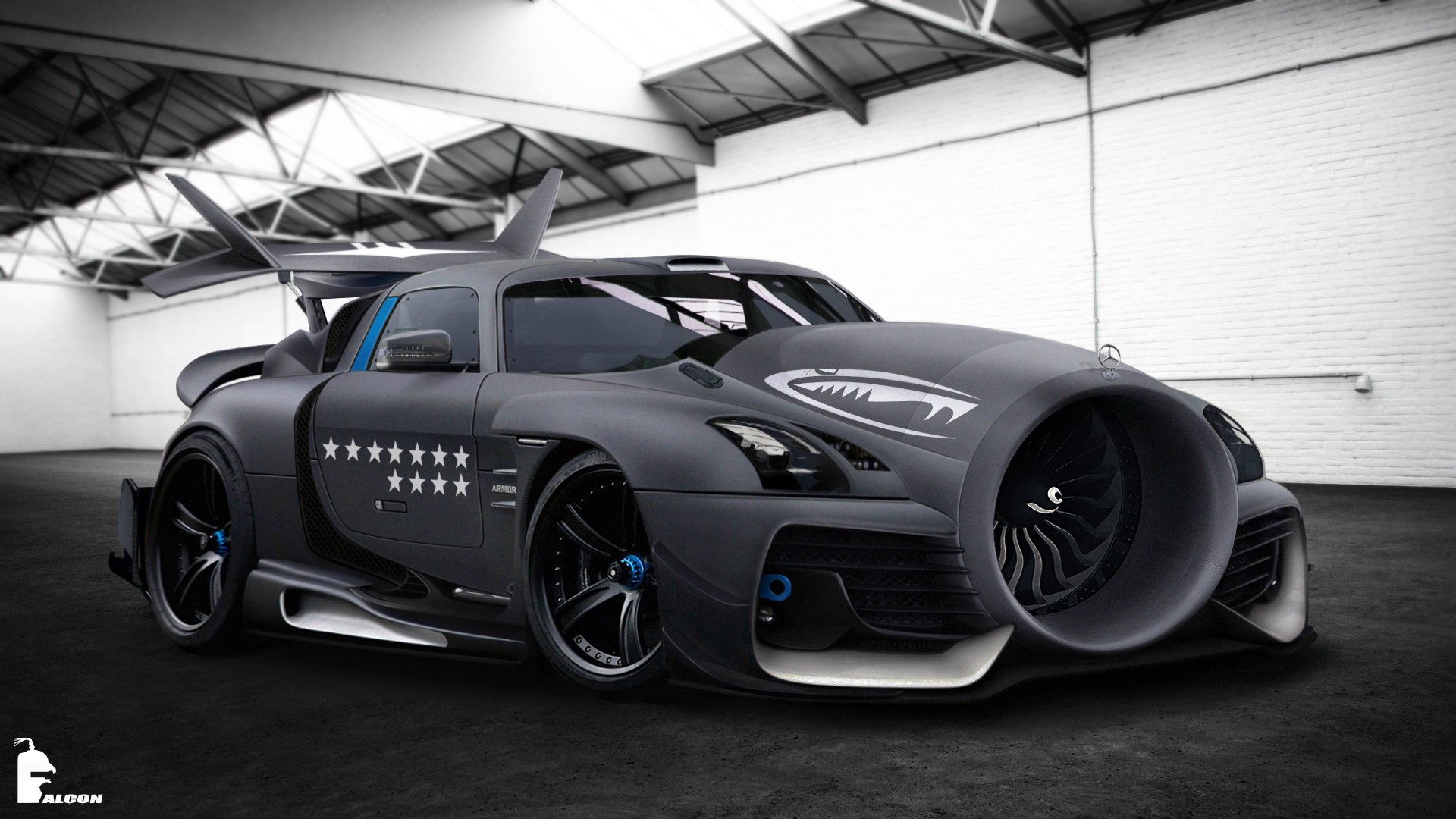 mercedes sls amg flugzeug tuning mattgrau hangar