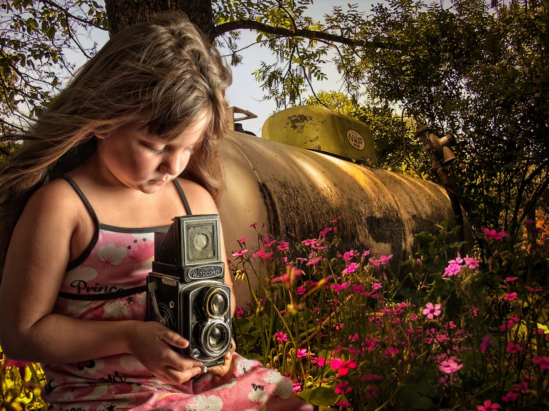 minolta réservoir caméra fille fleurs