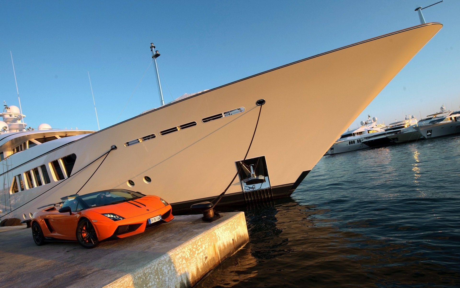 gallardo lp 570-4 spyder performante town the port ship liner yacht anchor sky bow sea pier