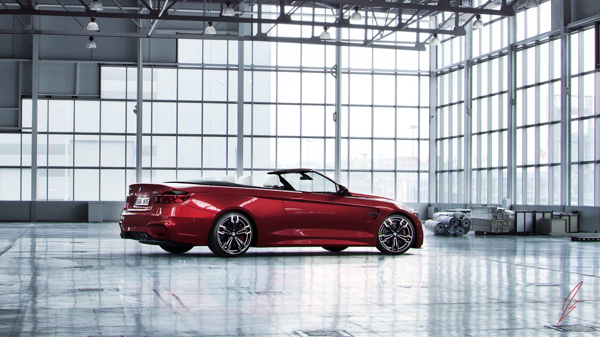 bmw m4 voiture rouge bmw cabriolet rendu hangar