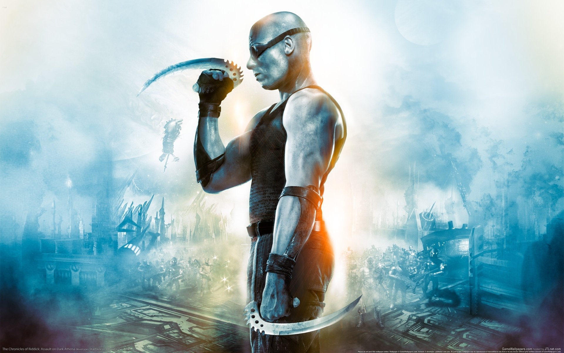 the chronicles of riddick assault on dark athena riddick vin diesel klingen fantasie spiele profil glatze oberkörper muskeln waffen rauch männer brocken