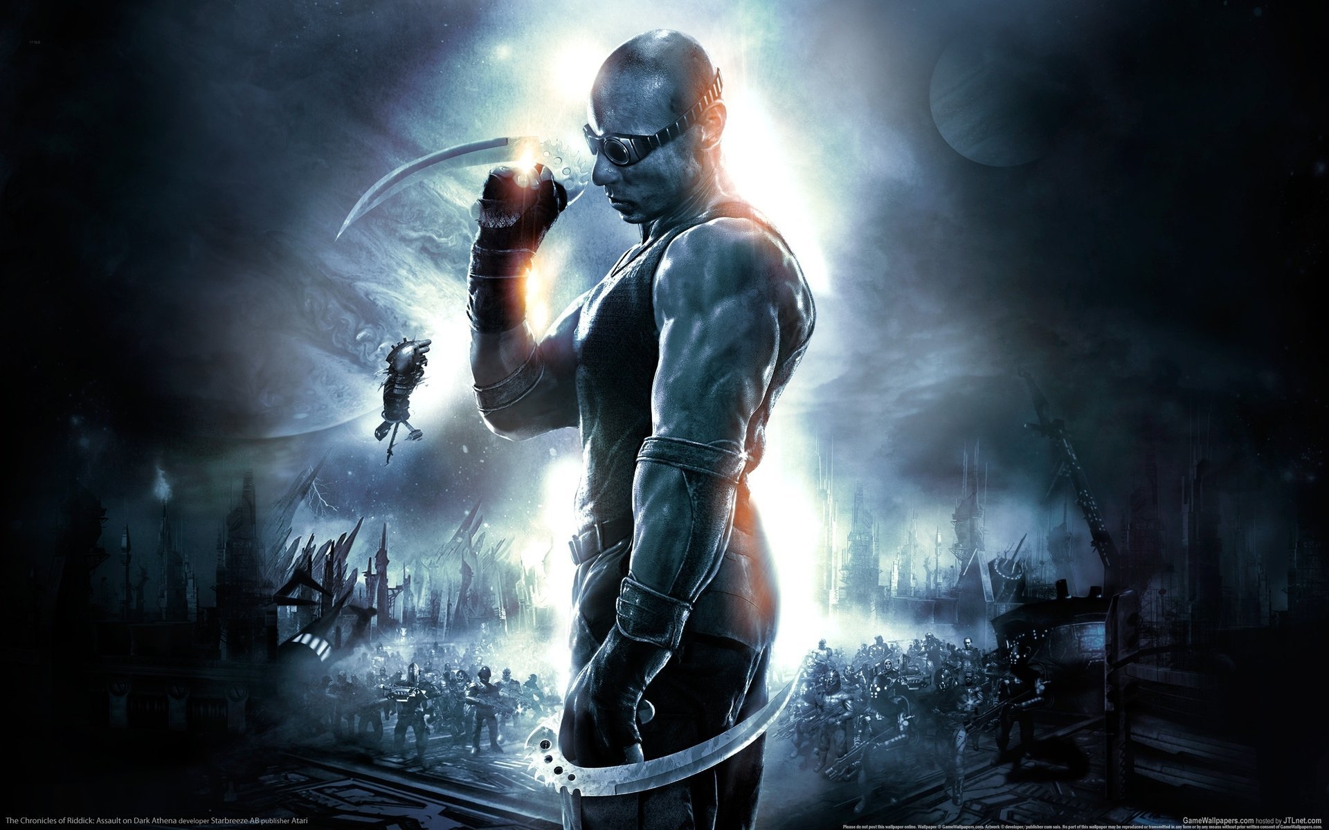 the chronicles of riddick assault on dark athena riddick vin diesel lames fiction jeux profil muscles chauve arme obscurité torse hommes jock lunettes