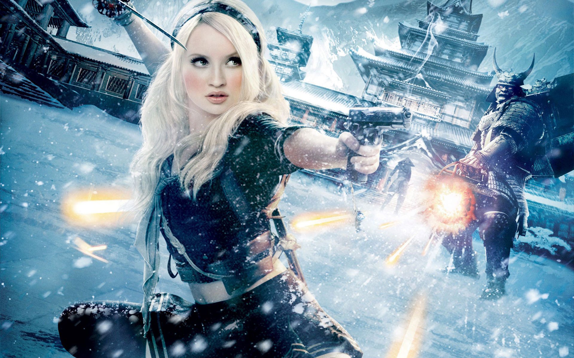 emily browning sucker punch emily browning verboten schauspielerin blond pistole waffe schießen feuer gebäude erröten blick fotomodelle frauen schütze augen gesicht samurai