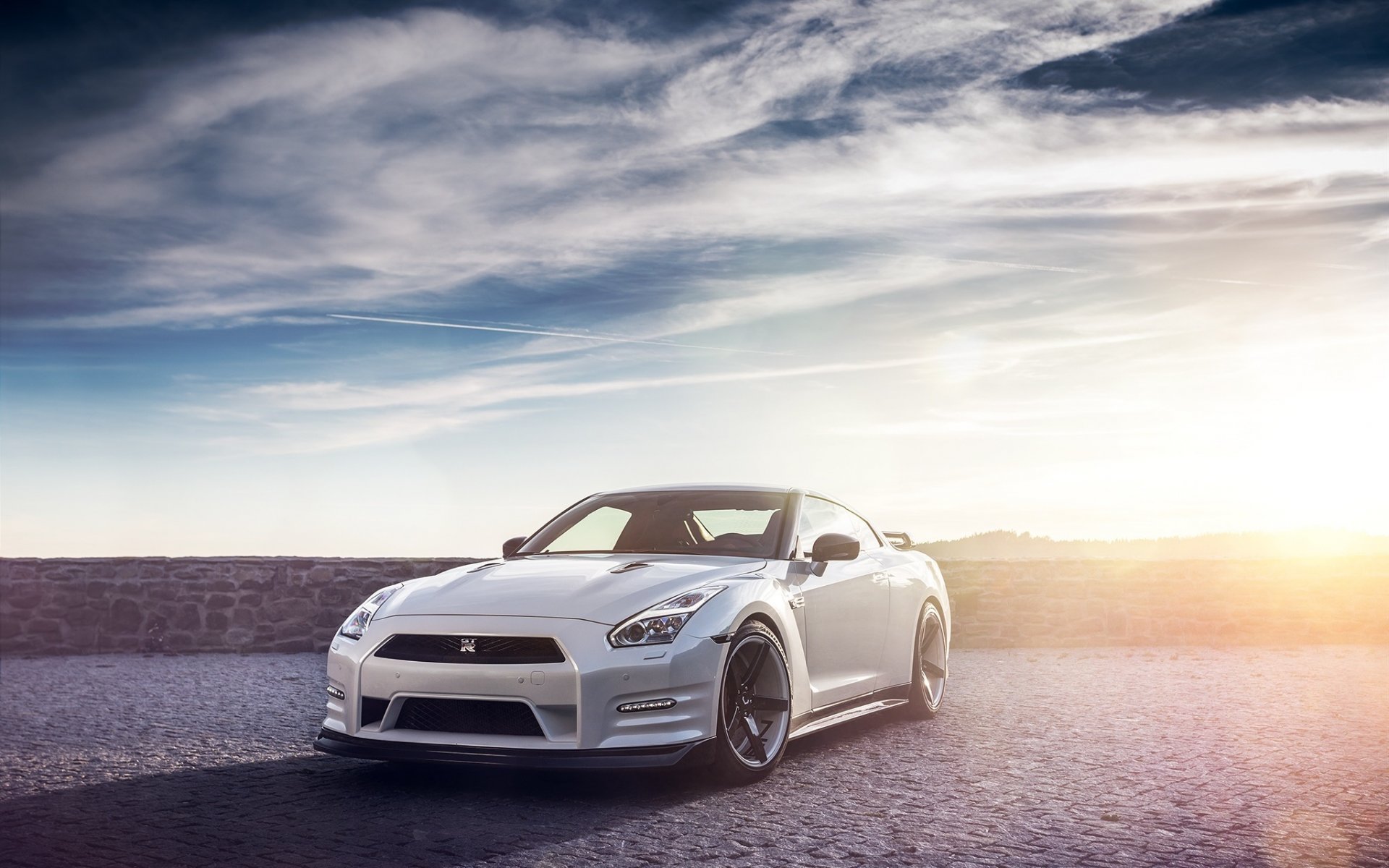 nissan r35 gtr white lights day sky sun front