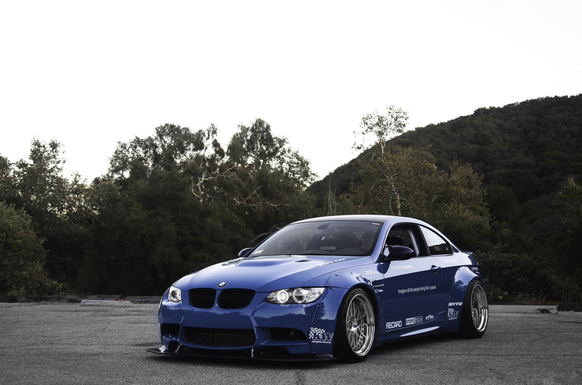 bmw m3 e92 blue bmw front view sky tree