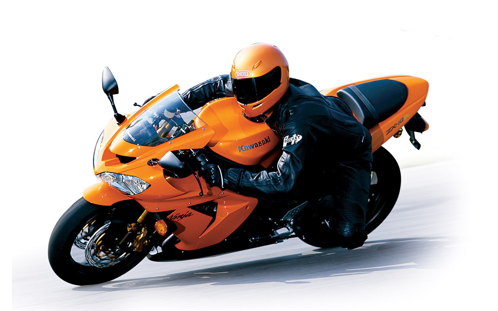 black kawasaki ninja on the zx-10r with 2004 motorcycle moto sportbike pilot helmet orange white background