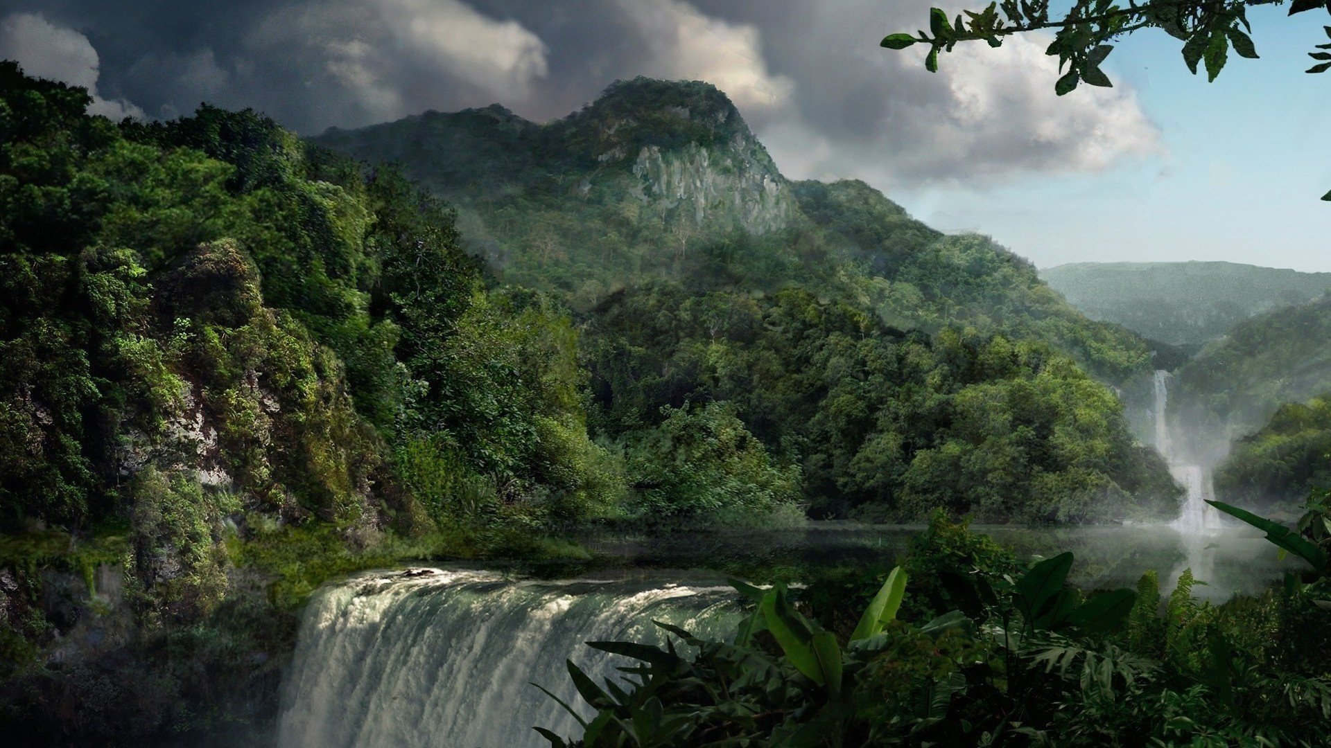 natur landschaft grün berge vegetation wasserfall fluss strömung wasser wolken dickicht tierwelt dunst bewölkt gipfel büsche bäume wald himmel