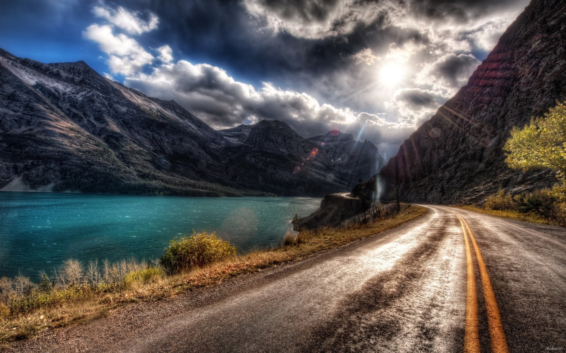 straße berge sonne wolken