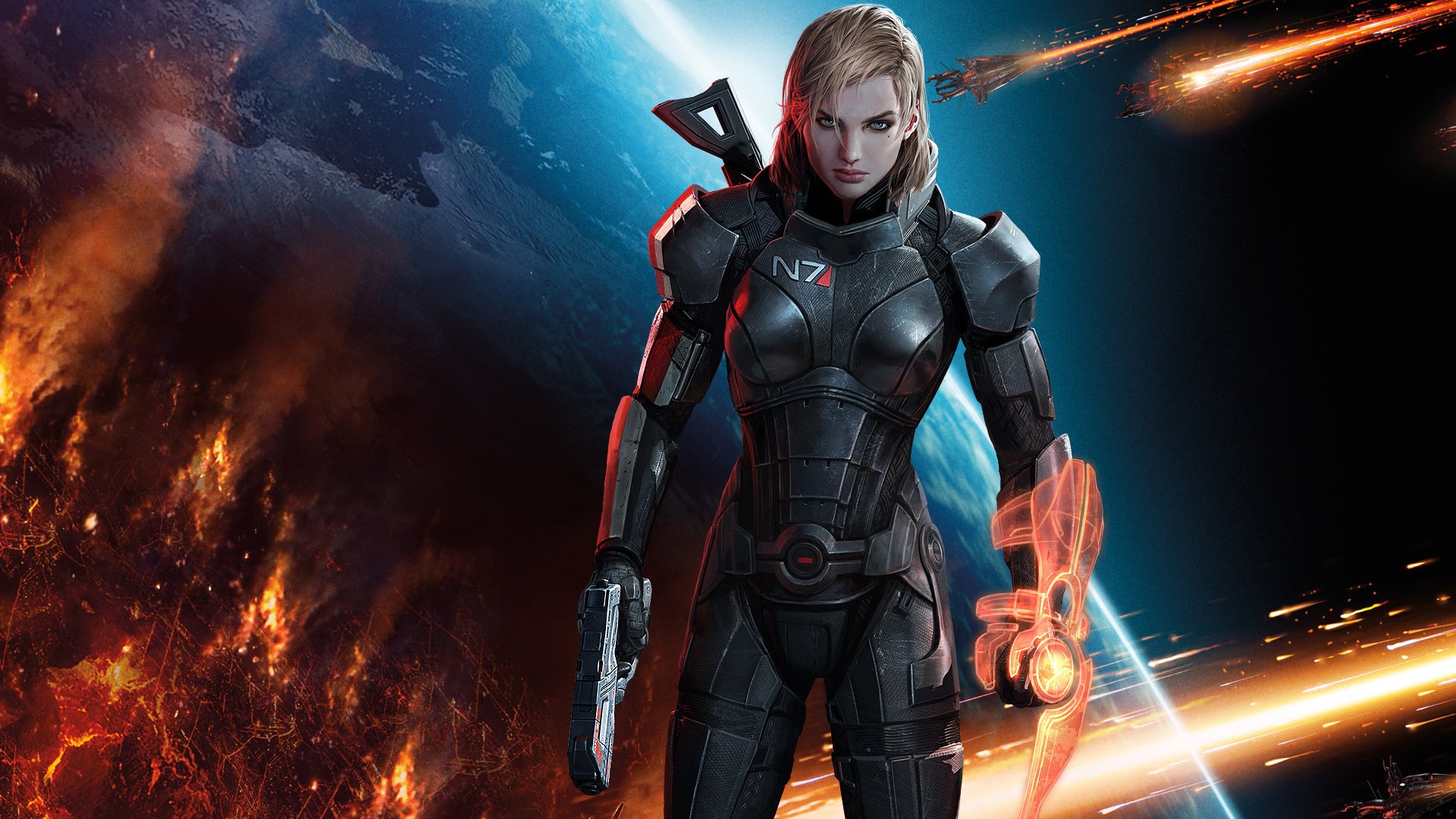 mass effect 3 mass effect shepard n7 fille arme armure pistolet feu mitraillette dessins anime femmes-a