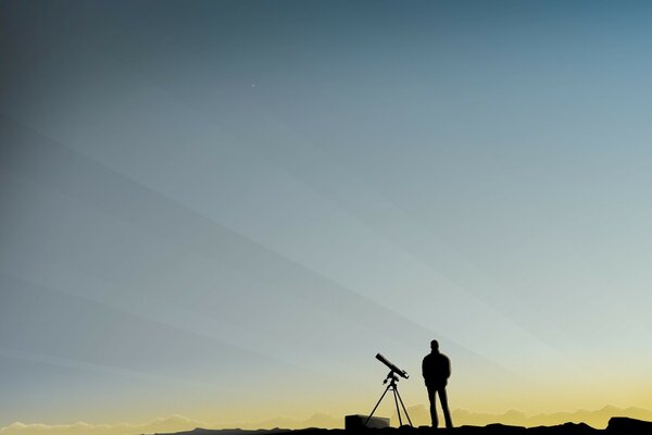 Ein Mann am Horizont steht mit einem Teleskop